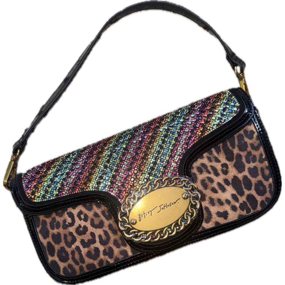 NWOT Betsey Johnson Leopard Print Rainbow Rhinestone Shoulder Bag Black Trim